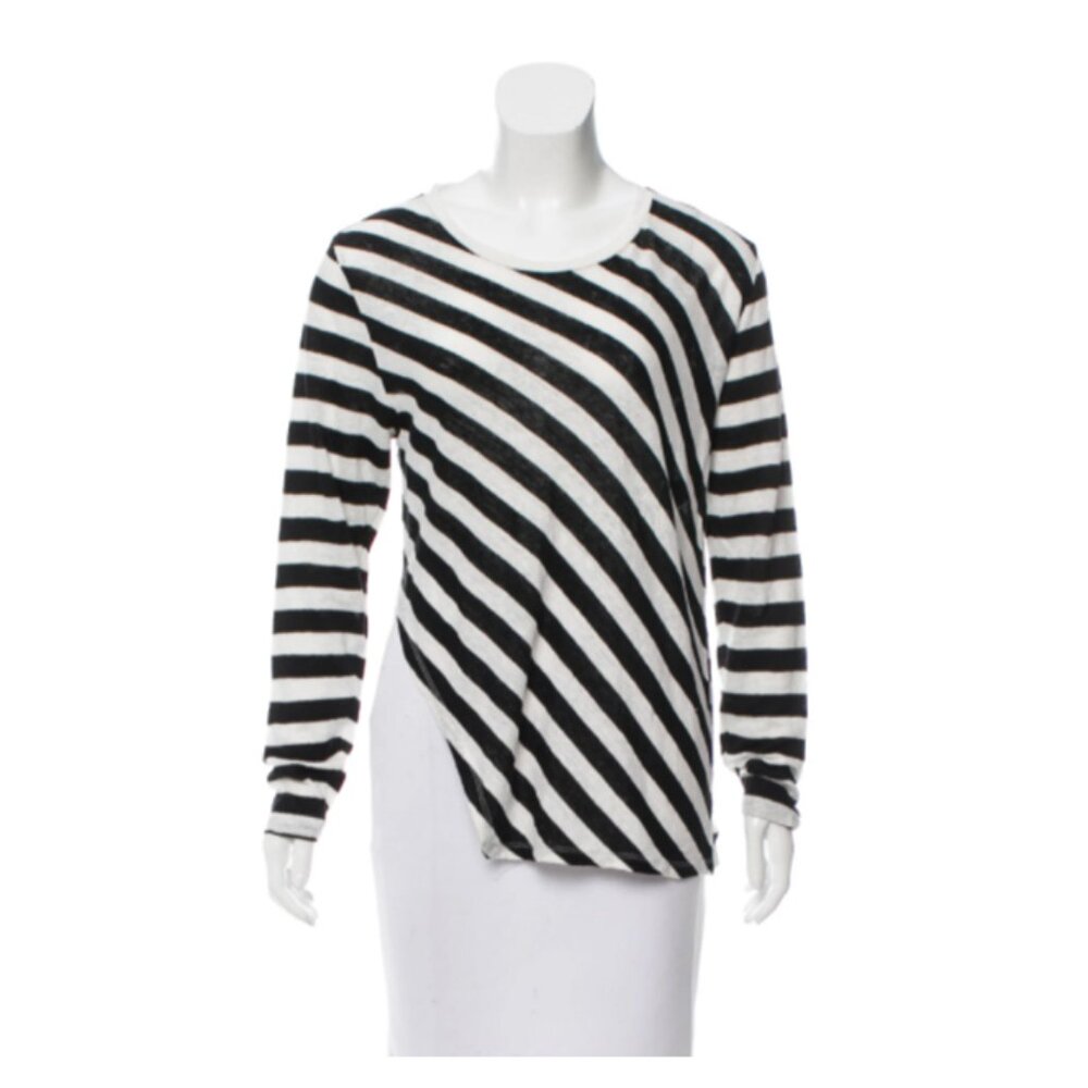 IRO Black & White Gjulia Linen Long SleeveTop S Asymetrical Hem Diagonal Stripes